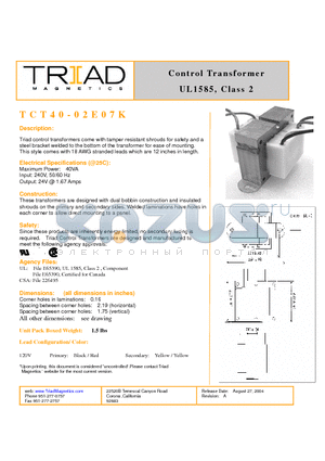 TCT40-02E07K datasheet - Control Transformer UL1585, Class 2