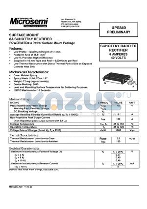 UPS840 datasheet - SCHOTTKY BARRIER RECTIFIER 8 AMPERES 40 VOLTS