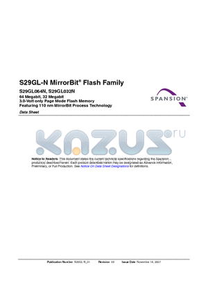 S29GL032N11BFI040 datasheet - 64 Megabit, 32 Megabit 3.0-Volt only Page Mode Flash Memory Featuring 110 nm MirrorBit Process Technology