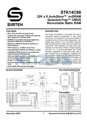 STK14C88-K45I datasheet - 32K x 8 AutoStore nvSRAM QuantumTrap CMOS Nonvolatile Static RAM