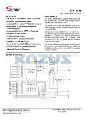 STK14C88-NF25ITR datasheet - 32Kx8 AutoStore nvSRAM