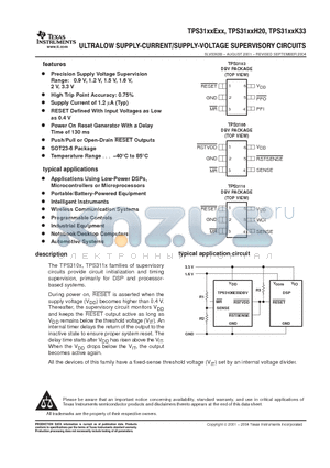 TPS310316DVBR datasheet - ULTRALOW SUPPLY CURRENT/SUPPLY VOLTAGE SUPERVISORY CIRCUITS