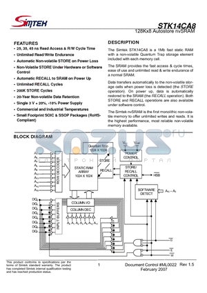 STK14CA8-NF25TR datasheet - 128Kx8 Autostore nvSRAM