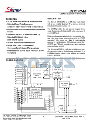 STK14CA8-RF25TR datasheet - 128Kx8 Autostore nvSRAM