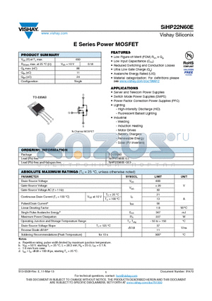 SIHP22N60E datasheet - E Series Power MOSFET