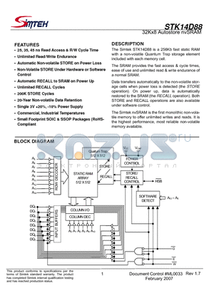 STK14D88-NF45ITR datasheet - 32Kx8 Autostore nvSRAM