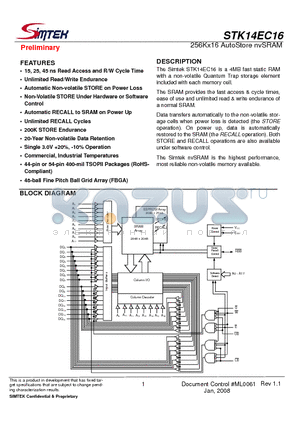 STK14EC16-BF15TR datasheet - 256Kx16 AutoStore nvSRAM