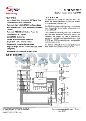 STK14EC16-BF45ITR datasheet - 256Kx16 AutoStore nvSRAM