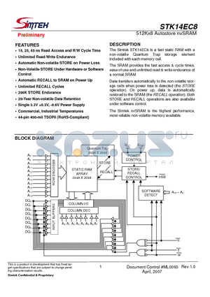 STK14EC8-TF15TR datasheet - 512Kx8 Autostore nvSRAM