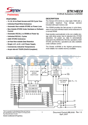 STK14EC8-TF15 datasheet - 512Kx8 Autostore nvSRAM