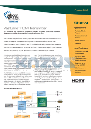 SII9024 datasheet - VastLane HDMI Transmitter