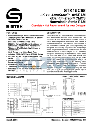 STK15C68 datasheet - 8K x 8 AutoStore nvSRAM QuantumTrap CMOS Nonvolatile Static RAM