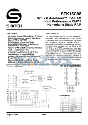 STK15C88 datasheet - 32K x 8 AutoStore nvSRAM High Performance CMOS Nonvolatile Static RAM
