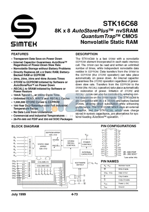 STK16C68-W25I datasheet - 8K x 8 AutoStorePlus nvSRAM QuantumTrap CMOS Nonvolatile Static RAM