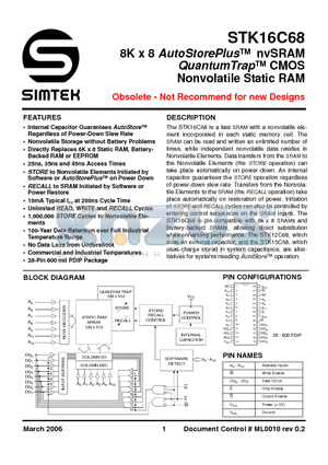 STK16C68-W25I datasheet - 8K x 8 AutoStorePlus nvSRAM QuantumTrap CMOS Nonvolatile Static RAM