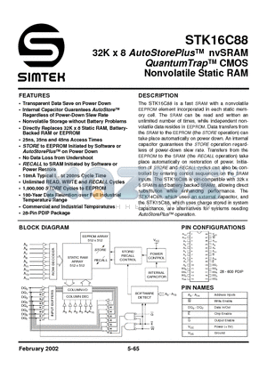 STK16C88-25 datasheet - 32K x 8 AutoStorePlus nvSRAM QuantumTrap CMOS Nonvolatile Static RAM