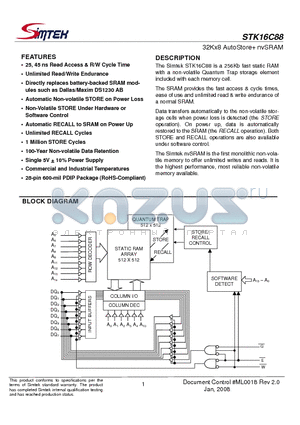 STK16C88-WF45 datasheet - 32Kx8 AutoStore nvSRAM