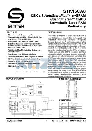 STK16CA8-W25I datasheet - 128K x 8 AutoStorePlus nvSRAM QuantumTrap CMOS Nonvolatile Static RAM