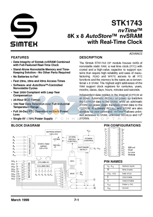 STK1743-D35 datasheet - NV TIME 8K X 8 AUTOSTORE NVSRAM WITH REAL - TIME CLOCK