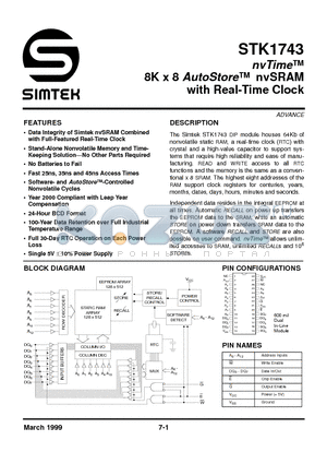 STK1743-D45 datasheet - NV TIME 8K X 8 AUTOSTORE NVSRAM WITH REAL - TIME CLOCK