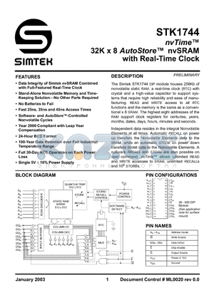 STK1744 datasheet - 32K x 8 AutoStore nvSRAM with Real-Time Clock