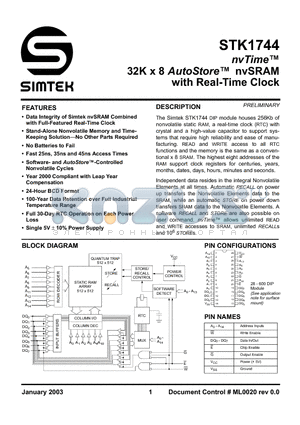 STK1744-D45 datasheet - 32K x 8 AutoStore nvSRAM with Real-Time Clock