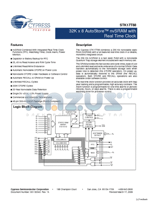 STK17T88 datasheet - 32K x 8 AutoStore nvSRAM with Real Time Clock