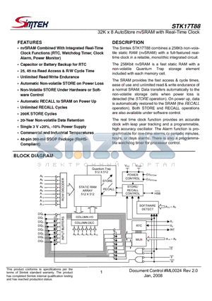 STK17T88-RF25I datasheet - 32K x 8 AutoStore nvSRAM with Real-Time Clock