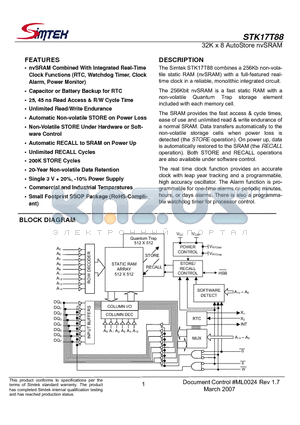 STK17T88-RF25TR datasheet - 32K x 8 AutoStore nvSRAM