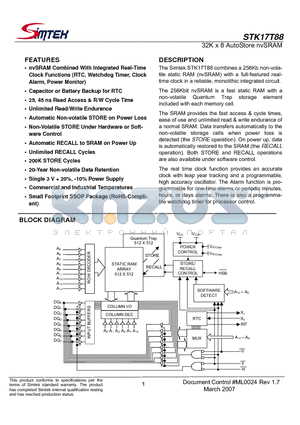 STK17T88-RF45TR datasheet - 32K x 8 AutoStore nvSRAM