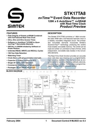 STK17TA8-RF25 datasheet - nvTime Event Data Recorder 128K x 8 AutoStore nvSRAM with Real-Time Clock Product Preview