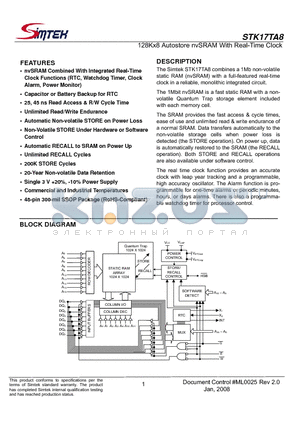 STK17TA8-RF25 datasheet - 128Kx8 Autostore nvSRAM With Real-Time Clock