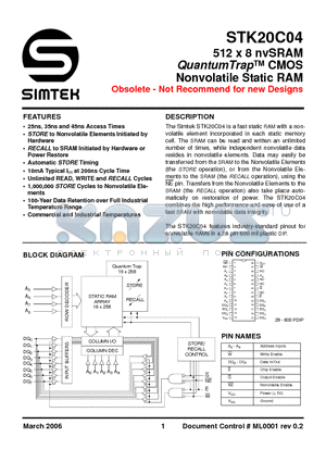 STK20C04 datasheet - 512 x 8 nvSRAM QuantumTrap CMOS Nonvolatile Static RAM