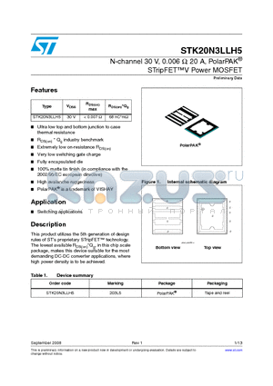 STK20N3LLH5 datasheet - N-channel 30 V, 0.006 Y, 20 A, PolarPAK^ STripFETV Power MOSFET
