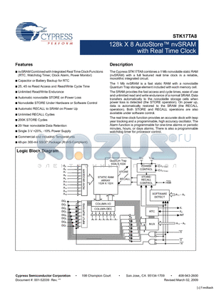 STK17TA8-RF45TR datasheet - 128k X 8 AutoStore nvSRAM with Real Time Clock