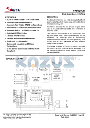 STK22C48-NF45 datasheet - 2Kx8 AutoStore nvSRAM