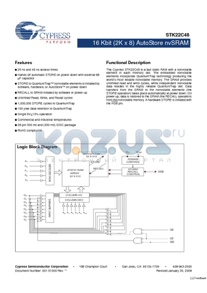 STK22C48-SF45 datasheet - 16 Kbit (2K x 8) AutoStore nvSRAM