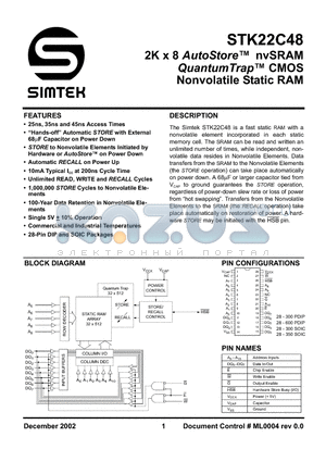 STK22C48P45I datasheet - 2K x 8 AutoStore nvSRAM QuantumTrap CMOS Nonvolatile Static RAM