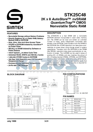 STK25C48-W35I datasheet - 2K X 8 AUTOSTORE NVSRAM