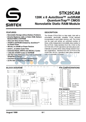 STK25CA8-D45 datasheet - 128K x 8 AutoStore nvSRAM CMOS Nonvolatile Static RAM Module