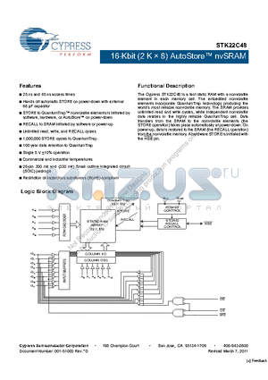 STK22C48_11 datasheet - 16-Kbit (2 K  8) AutoStore nvSRAM