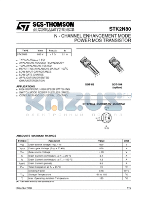 STK2N80 datasheet - N - CHANNEL ENHANCEMENT MODE POWER MOS TRANSISTOR