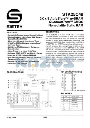 STK25C48-W25I datasheet - 2K X 8 AUTOSTORE NVSRAM