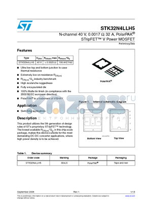 STK32N4LLH5 datasheet - N-channel 40 V, 0.0017 Y, 32 A, PolarPAK^ STripFET V Power MOSFET