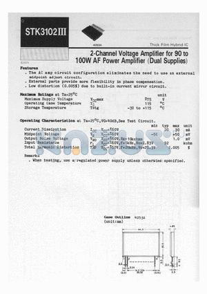 STK3102III datasheet - 2-Channel Voltage Amplifier for 90 to 100W AF Power Amplifier (Dual Supplies)