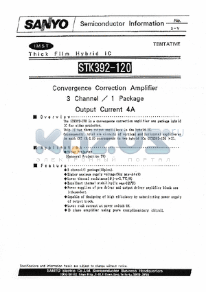 STK392-120 datasheet - CONVERGENCE CORRECTION AMPLIFIER 3CHANNELO/1PACKAGE OUTPUT CURRENT 4A