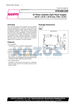 STK400-010 datasheet - AF Power Amplifier (Split Power Supply) (25 W  25 W  25 W min, THD = 0.4%)