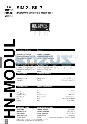 SIM2-1212S-SIL7 datasheet - 2 Watt Ultra-Miniatur SIL-Modul-Series