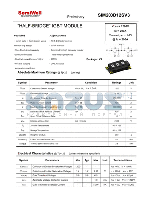 SIM200D12SV3 datasheet - HALF-BRIDGE IGBT MODULE