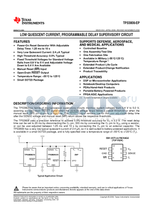 TPS3808-EP datasheet - LOW QUIESCENT CURRENT, PROGRAMMABLE DELAY SUPERVISORY CIRCUIT